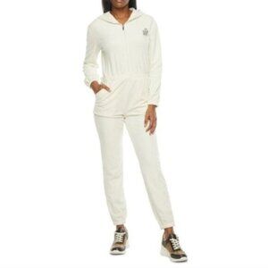 Juicy Couture velour hooded zip-up jumpsuit silver foil chest logo crown logo zi
